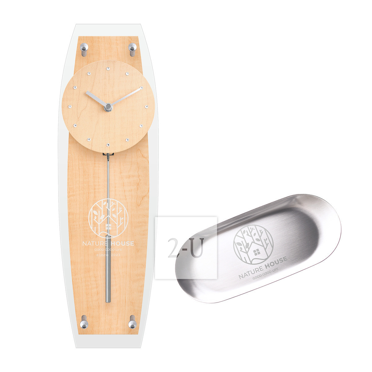 刻 Logo 的不锈钢托碟收银盘＆原木色摆钟套装