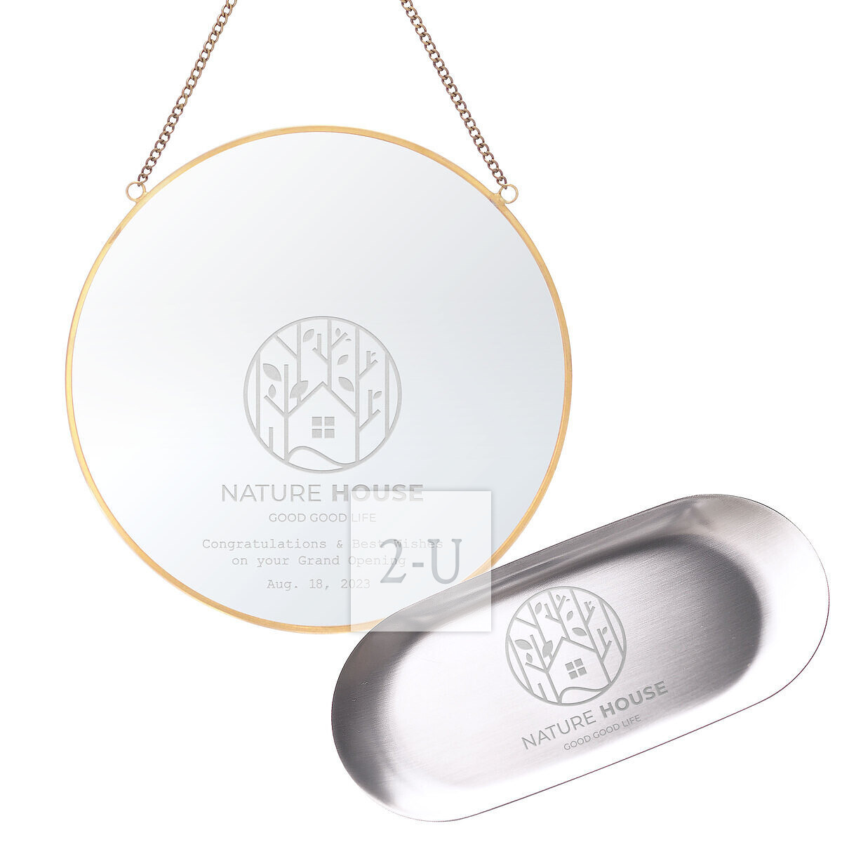 刻 Logo 的不锈钢托碟收银盘 ＆圆形黄铜壁挂镜子套装