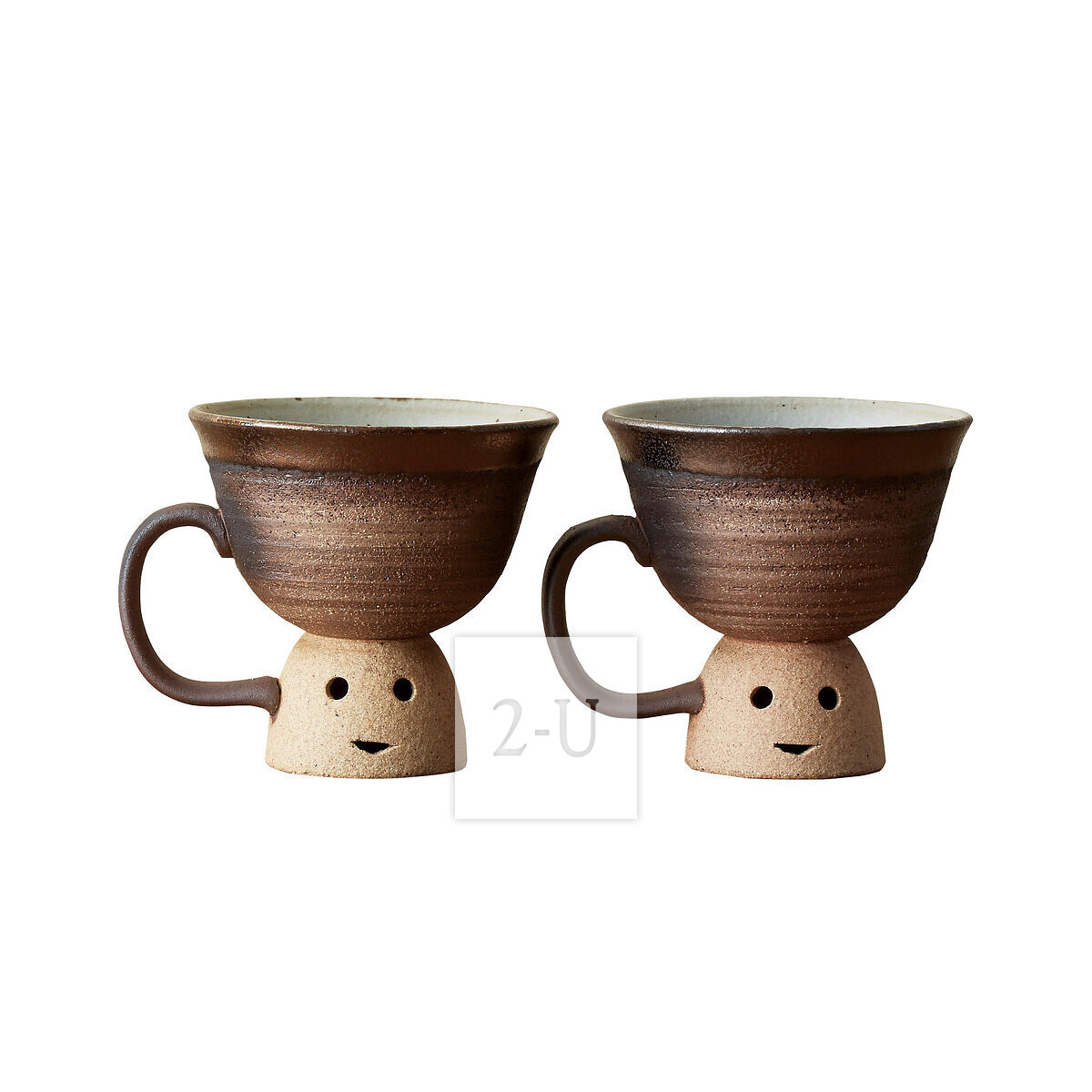 万古烧 金彩 创意陶俑 甜点杯 粗陶 笑脸高脚杯带手柄酒杯水杯