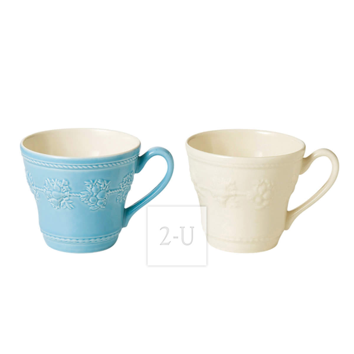 英国 WEDGWOOD 韦奇伍德 Queen's Ware Collection Festivity 马克杯 乳白＆蓝色 立体雕花对杯马克杯