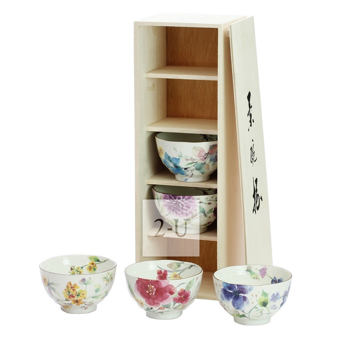 美浓烧 和蓝 花水彩 饭碗木盒套装