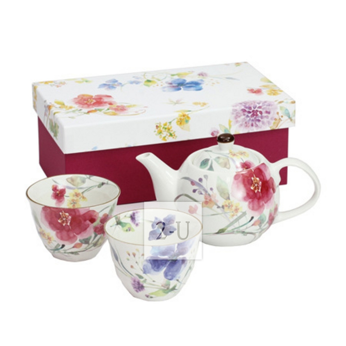 日本美浓烧 和蓝 花水彩 陶瓷茶壶对杯套装