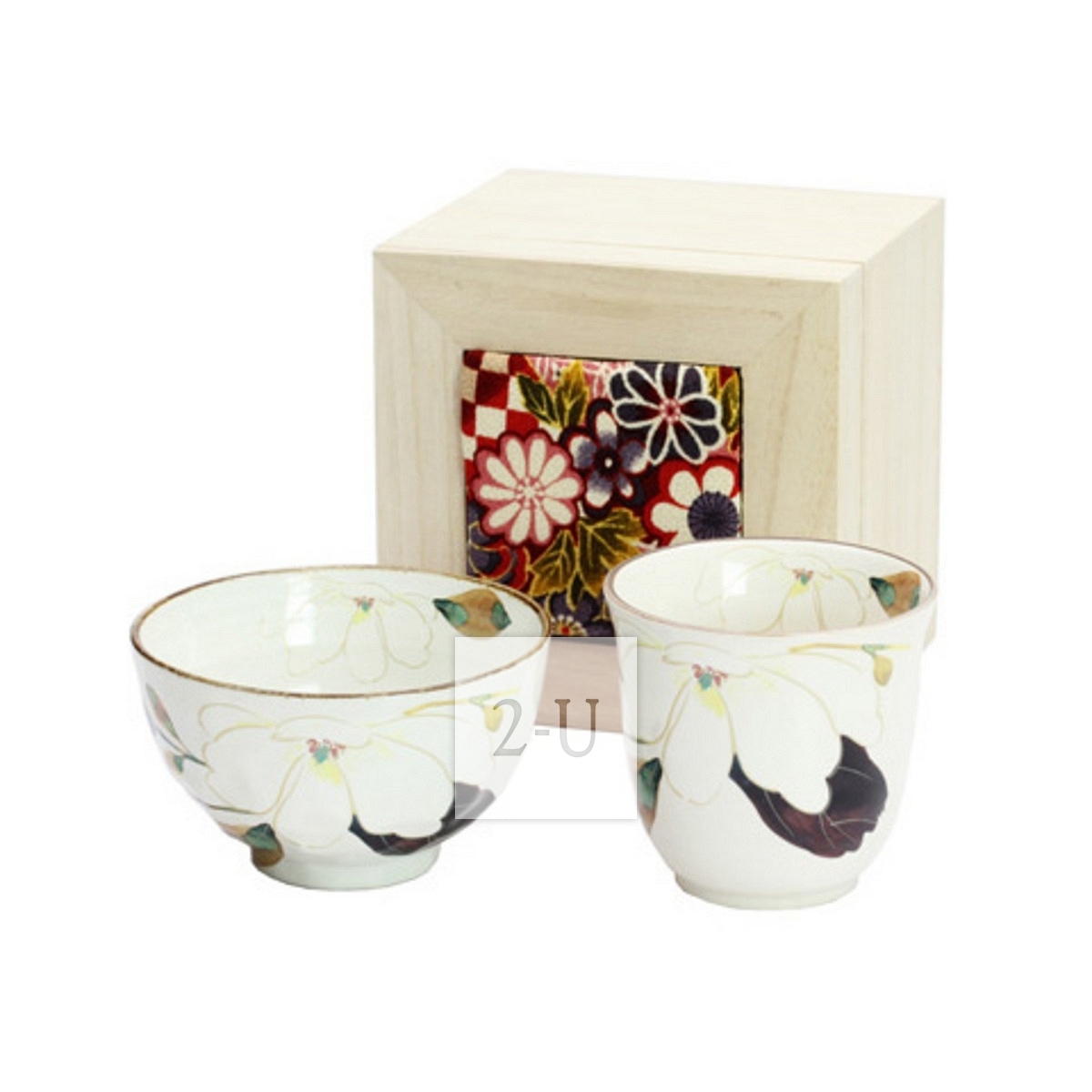 美浓烧 花回廊 和蓝 饭碗杯子 木莲 (付木锦盒) 花回廊系列 套装