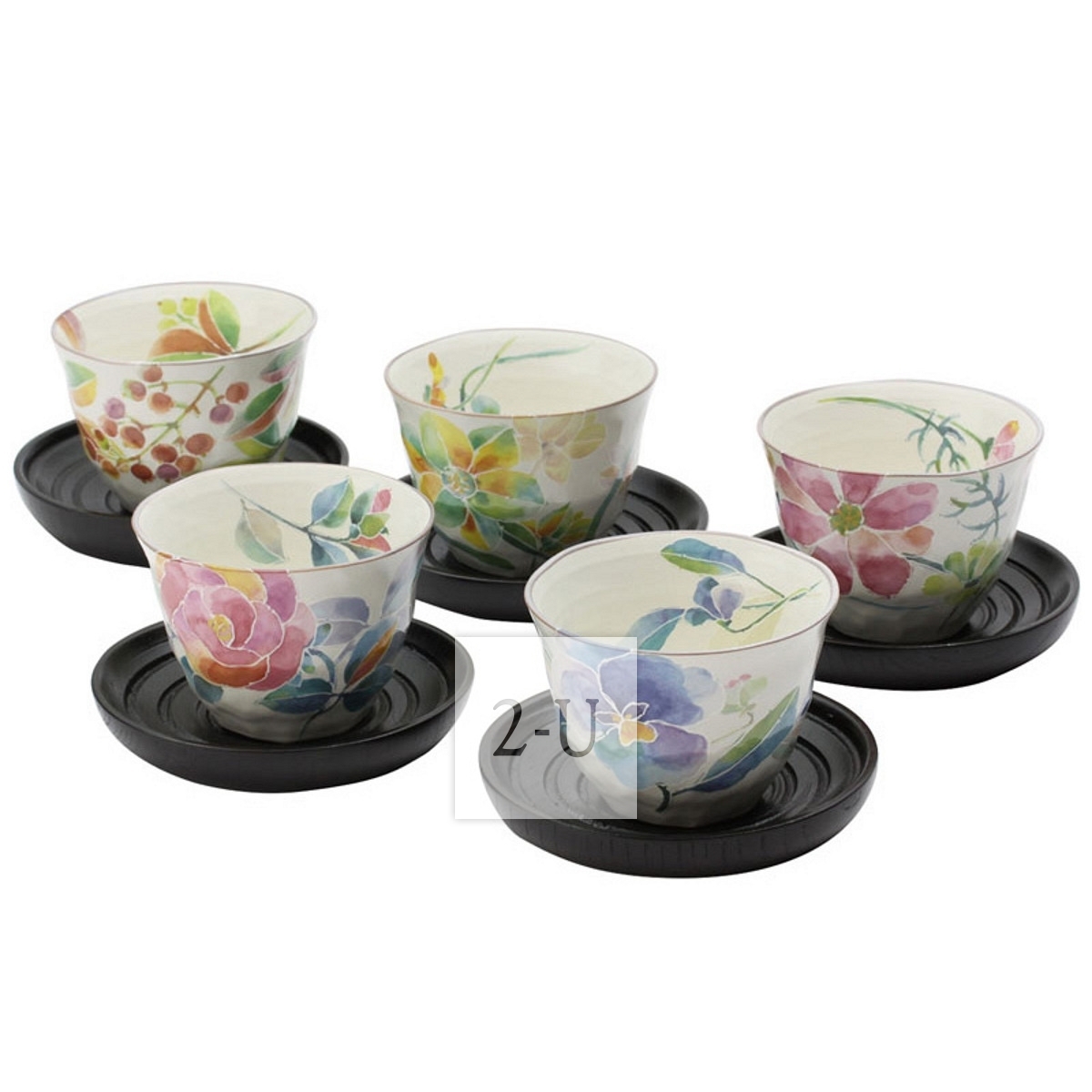 日本美浓烧 和蓝 花语 煎茶茶杯茶托套装 5客