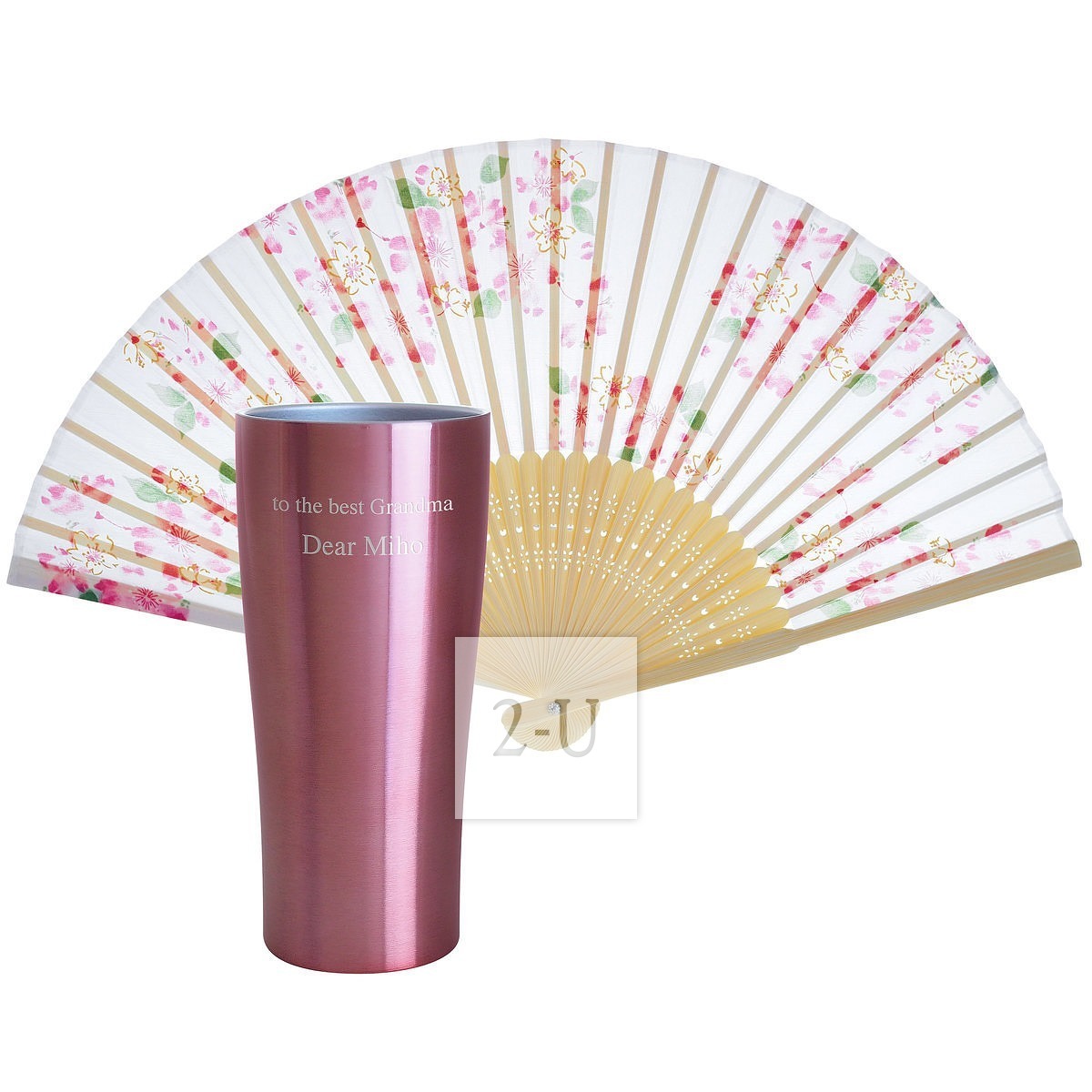 双层真空不锈钢水杯配丝面扇子 棕红色
