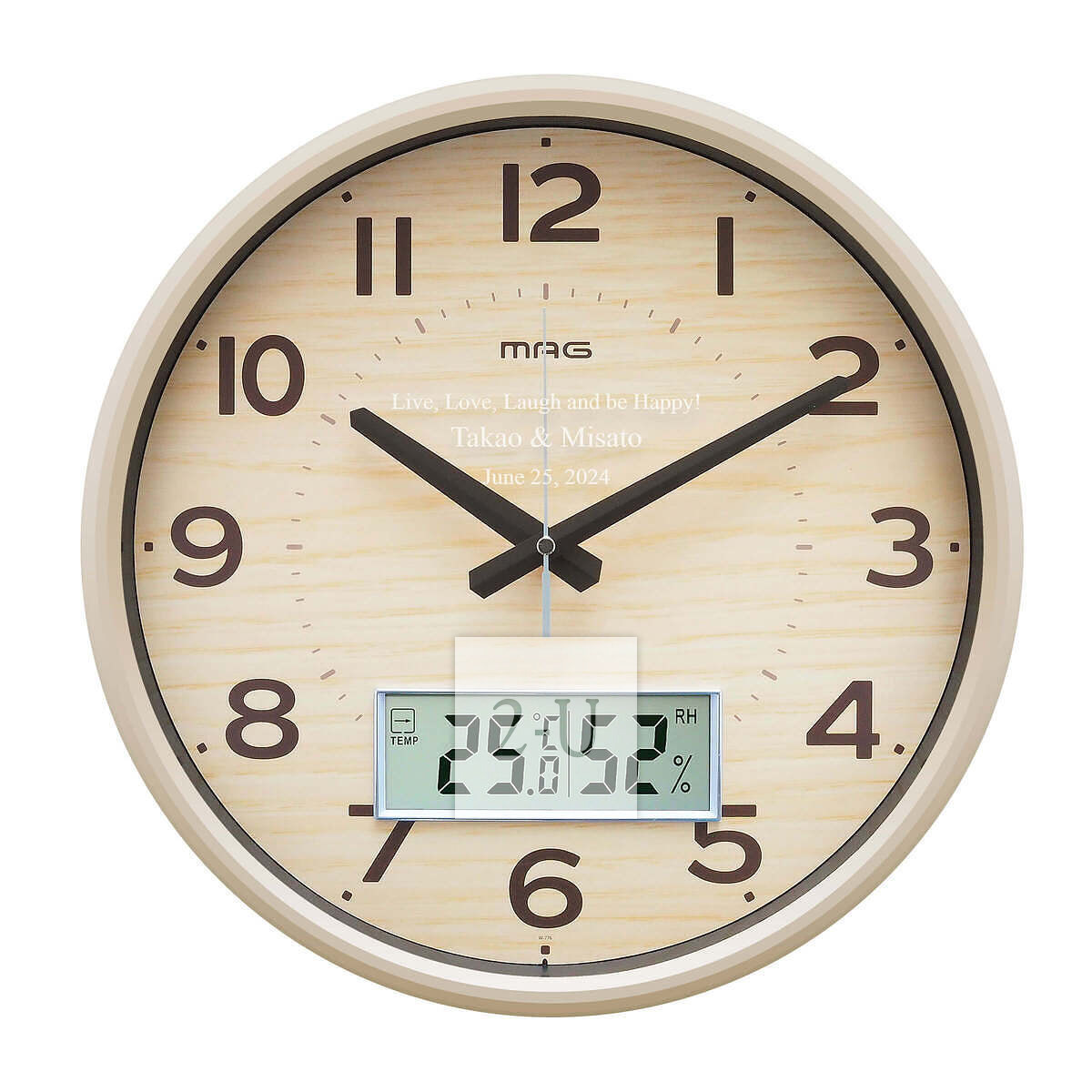 模拟时钟与数字温湿度计 (电波时钟) 原木色