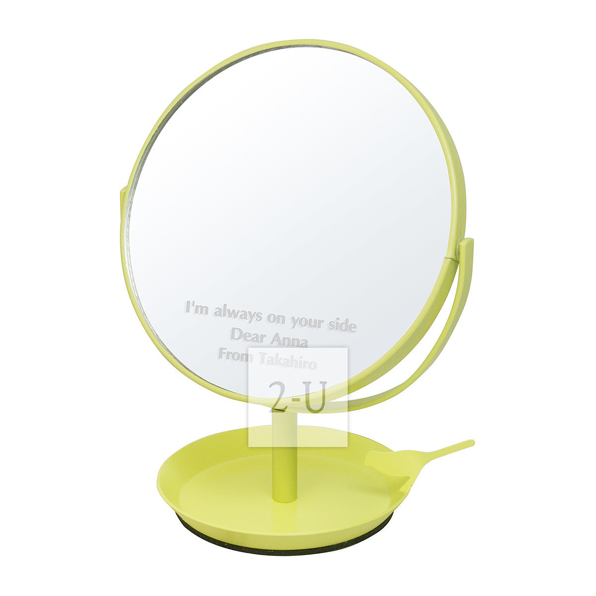 日本制圆形镜子化妆镜 带小鸟首饰盘和放大镜功能 黄绿色