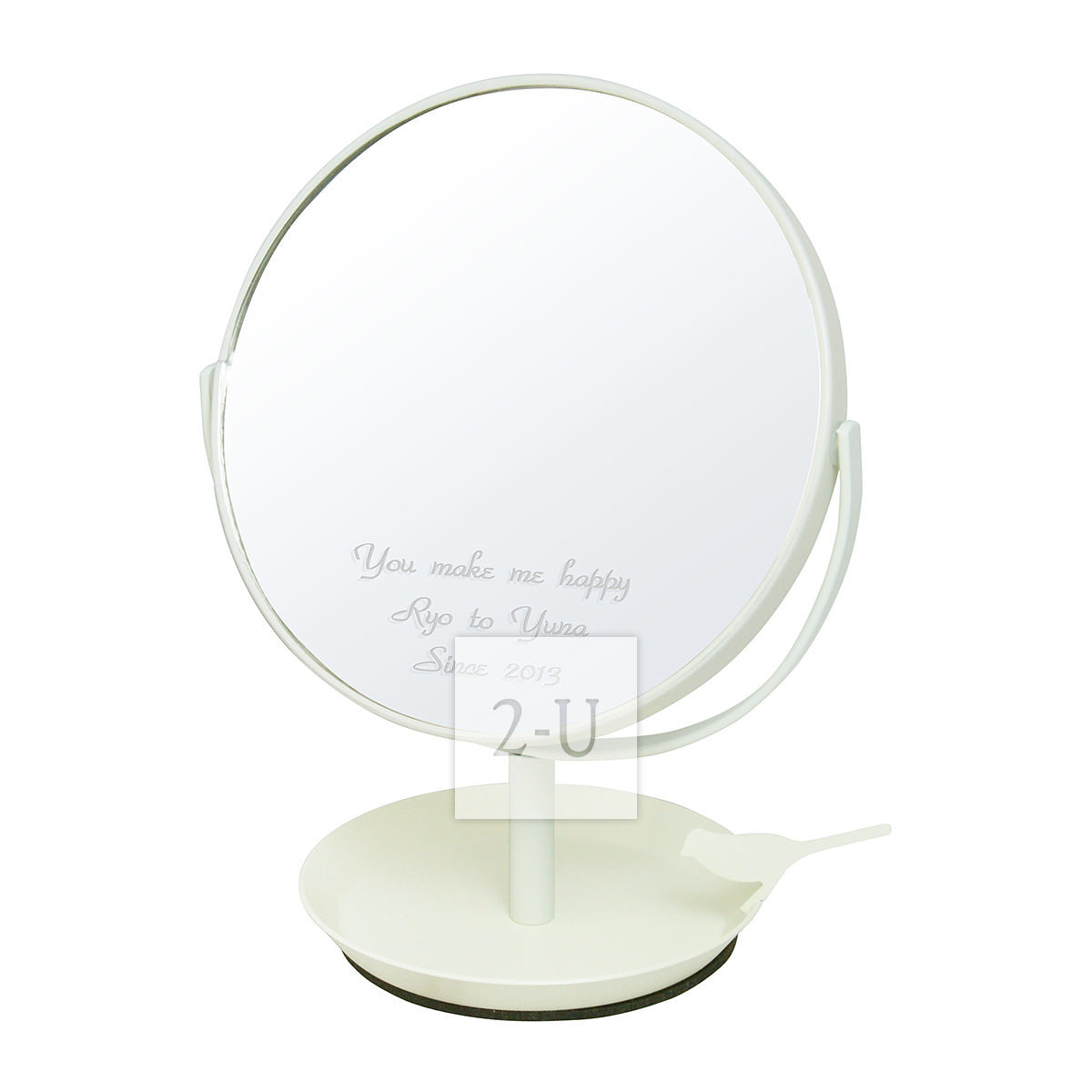 日本制圆形镜子化妆镜 带小鸟首饰盘和放大镜功能 白色