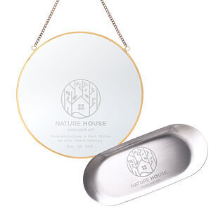 刻 Logo 的不锈钢托碟收银盘 &圆形黄铜壁挂镜子套装