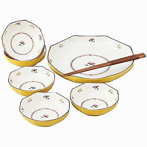 橘吉 八角形招财进宝金色 大浅碗盘小碗筷子套装