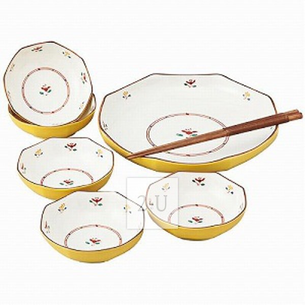 橘吉 八角形招财进宝金色 大浅碗盘小碗筷子套装