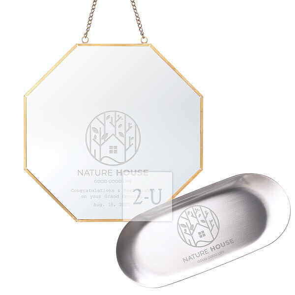 刻 Logo 的不锈钢托碟收银盘 ＆ 八角镜套装