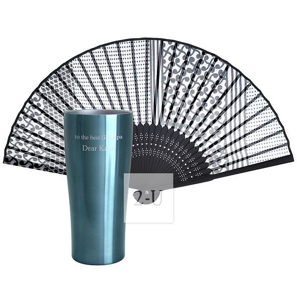 双层真空不锈钢水杯配丝面扇子 蓝色