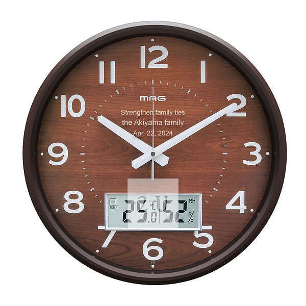 模拟时钟与数字温湿度计 (电波时钟) 棕色