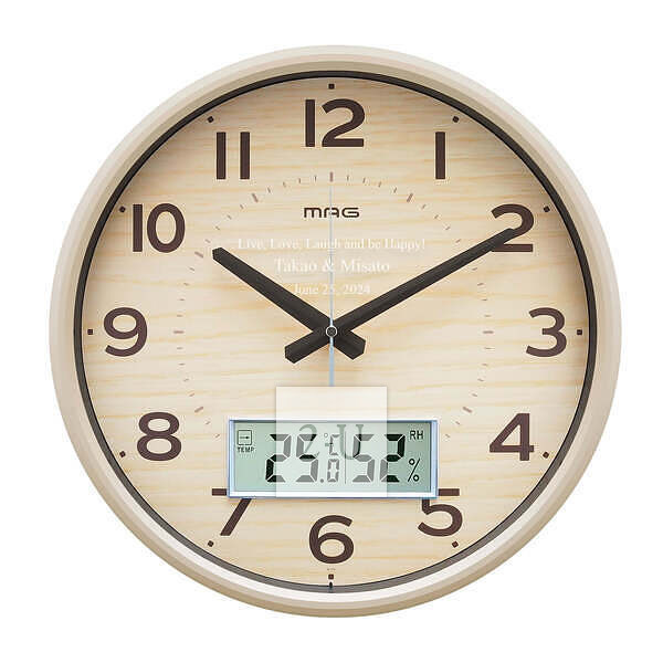 模拟时钟与数字温湿度计 (电波时钟) 原木色