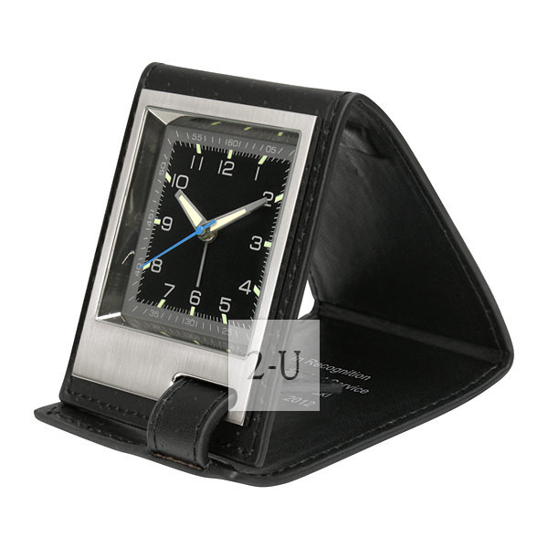 真皮套折叠式便携薄款小闹钟 黑色