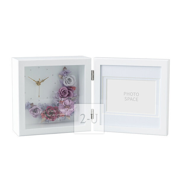多彩玫瑰保鲜花相框相架带时钟 粉紫色玫瑰